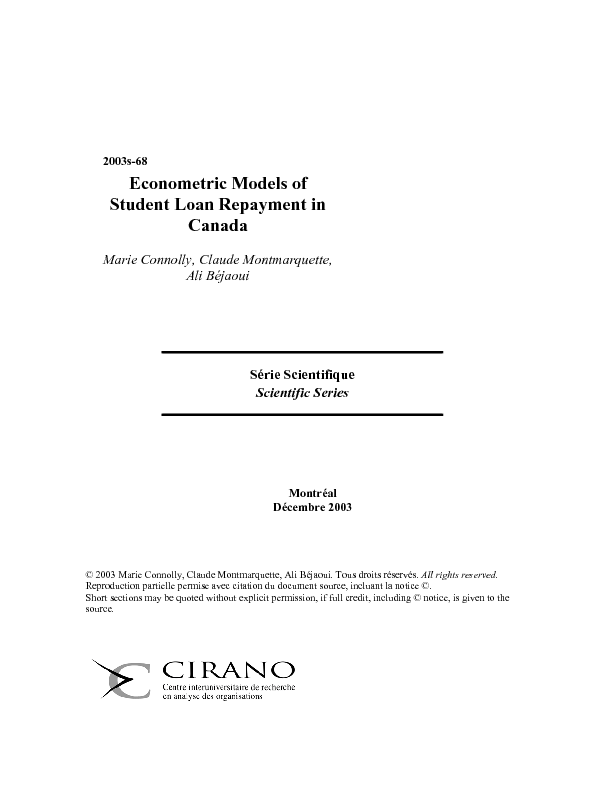 Econometric Models of Student Loan Repayment in Canada