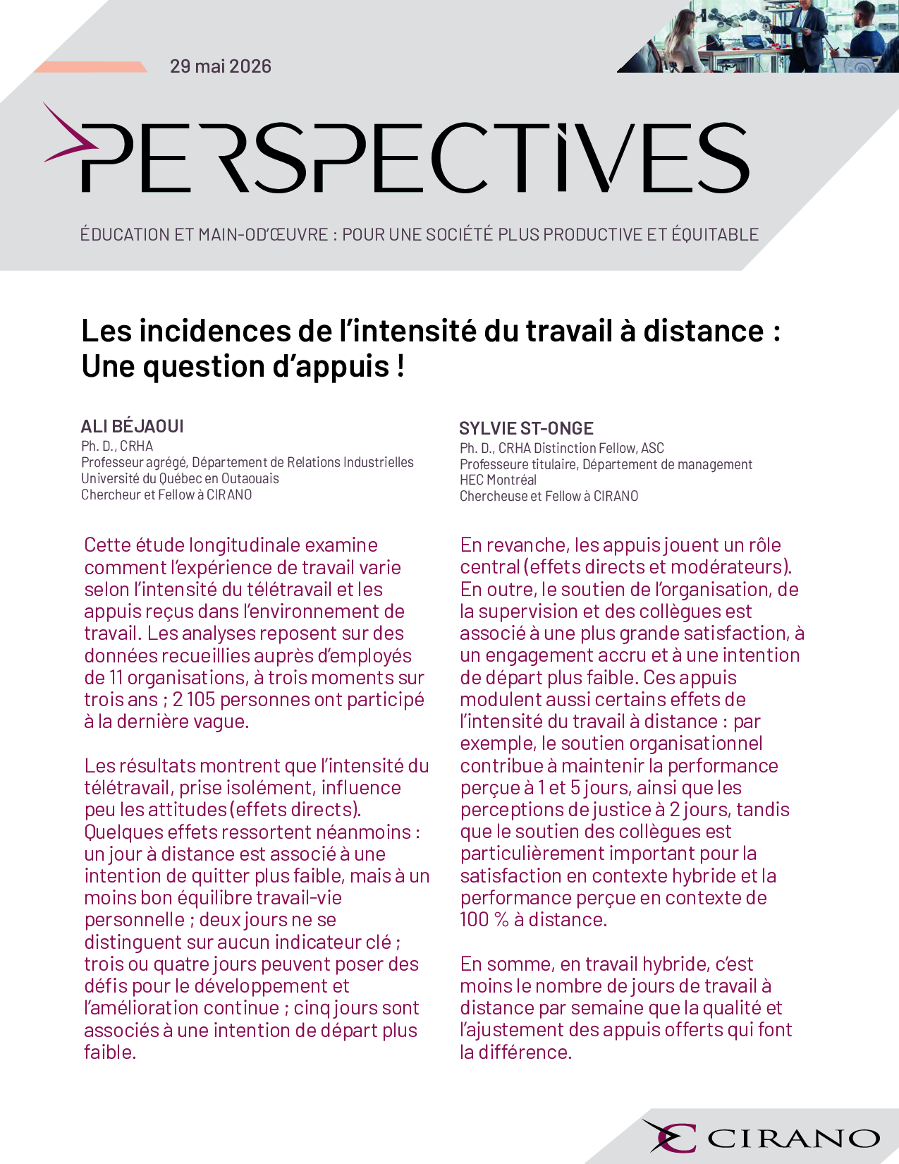 Les incidences de l’intensité du travail à distance : Une question d’appuis!
